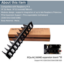 52Pi 19 Inch 2U Rack Mount for Raspberry Pi5 with 10 PCIE NVME Expansion Board Supports M.2 NVMe SSDs