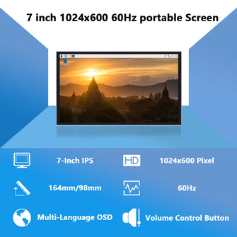 7 Inch 1024*600 Capacitive IPS Display 60Hz portable Screen Monitor for Raspberry Pi Windows PC (No Touch)