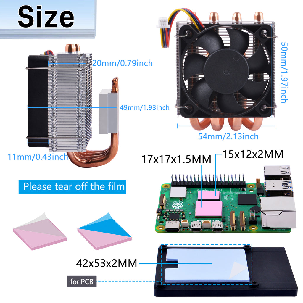 52Pi Low-Profile Plus CPU Cooler for Raspberry Pi 5, Aluminum