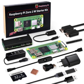 Raspberry Pi Zero 2 W Starter Kit, with RPi Zero 2 W Aluminum Case, 32GB Card Preloaded OS, QC3.0 Power Supply, 20Pin Header, Micro USB to OTG Adapter, HDMI Cable, Heatsink, Switch Cable