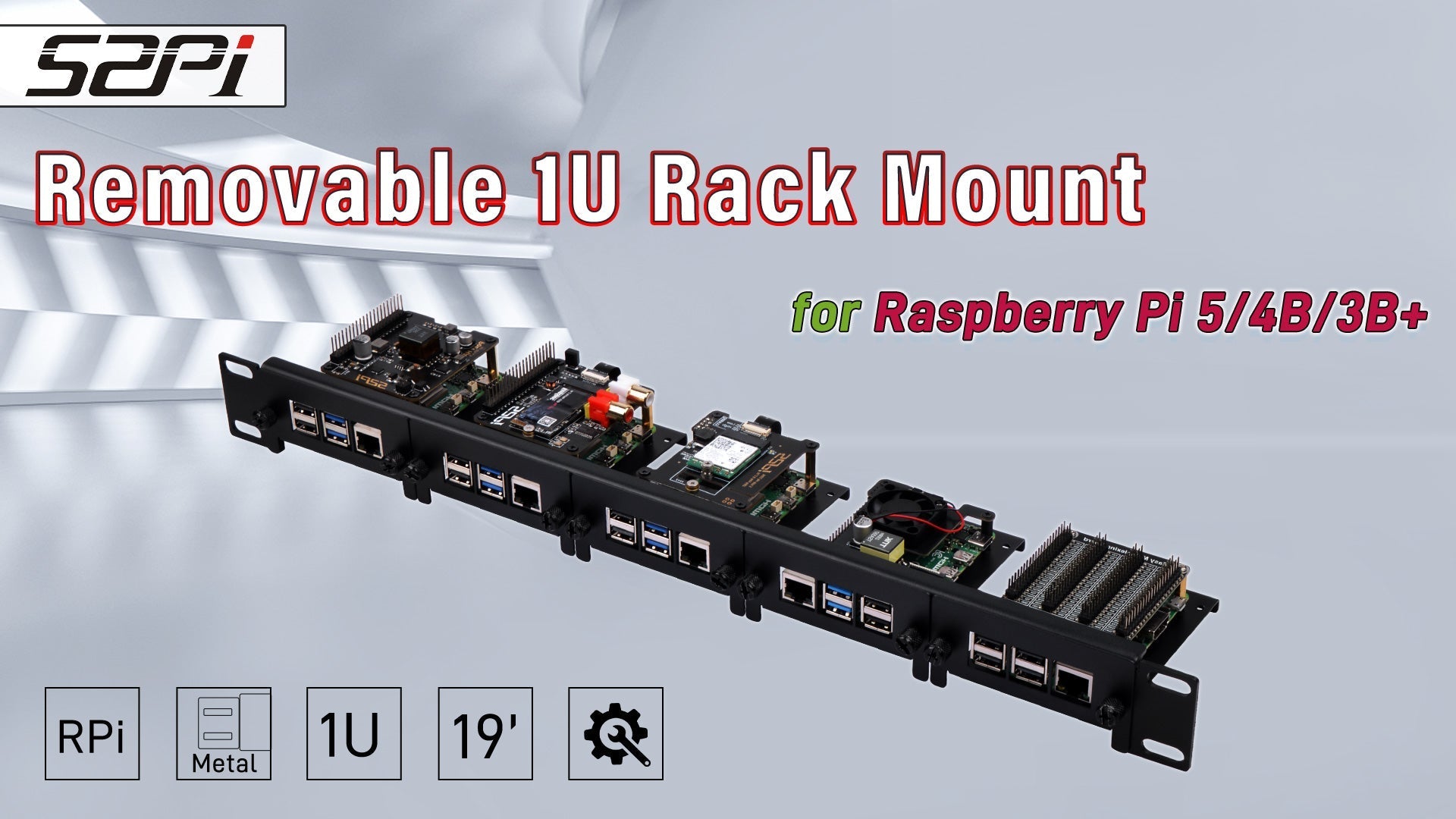 52Pi 1U 19-inch Removable Rack Mount For Raspberry Pi 5/4B/3B+