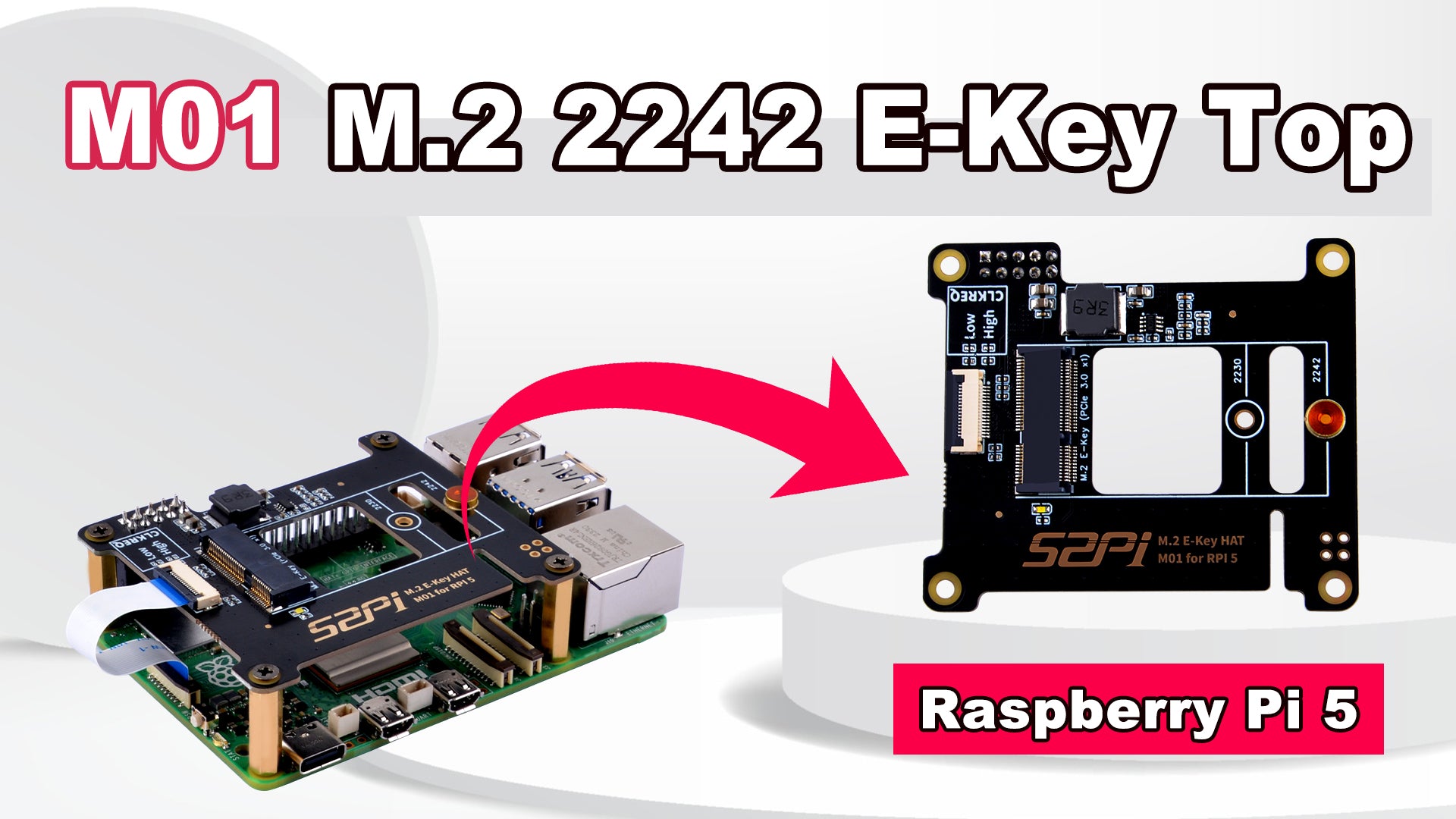 52Pi M01 M.2 2242 E-KEY Top Hat with Raspberry Pi 5