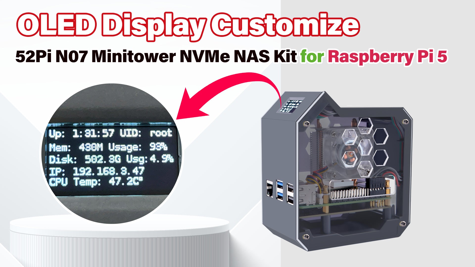 How to customize the OLED display on 52Pi N07 Minitower NVMe NAS Kit?