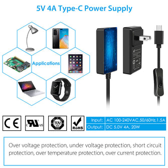5V 4A US Plug Power Supply Adapter with Switch-on/off Cable