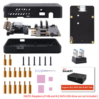 DeskPi Lite M.2 Case with M.2 SATA SSD Expansion Board for Raspberry Pi 4B, with Power Button/ Heatsink with PWM Fan/ Dual Full-Size HDMI/Extra Two USB Ports