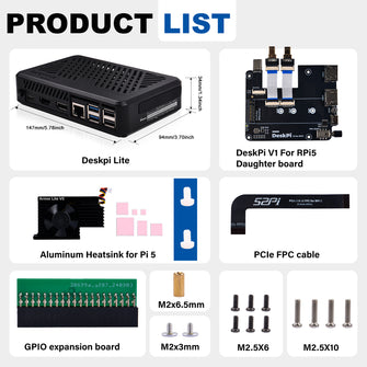 DeskPi Lite for Raspberry Pi 5, With Power Button/Heatsink with Armor Lite V5 Fan/Dual Full-Size HDMI, Support M.2 NVMe SSD