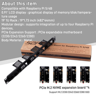 RS01 1U Rack Mount for Raspberry Pi5/4B with four RS-P11 Expansion Board for RS-P22 Raspberry Pi5 Supports M.2 NVMe 2230/2242/2260/2280 SSD