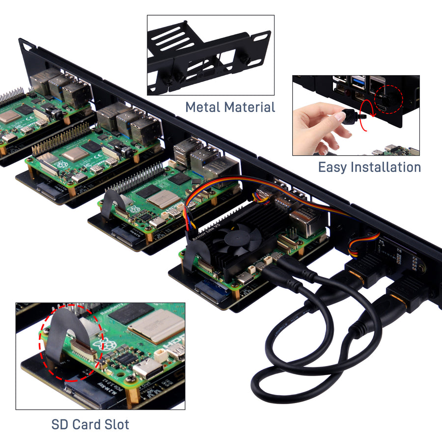RS01 1U Rack Mount for Raspberry Pi5 with four RS-P11 Expansion