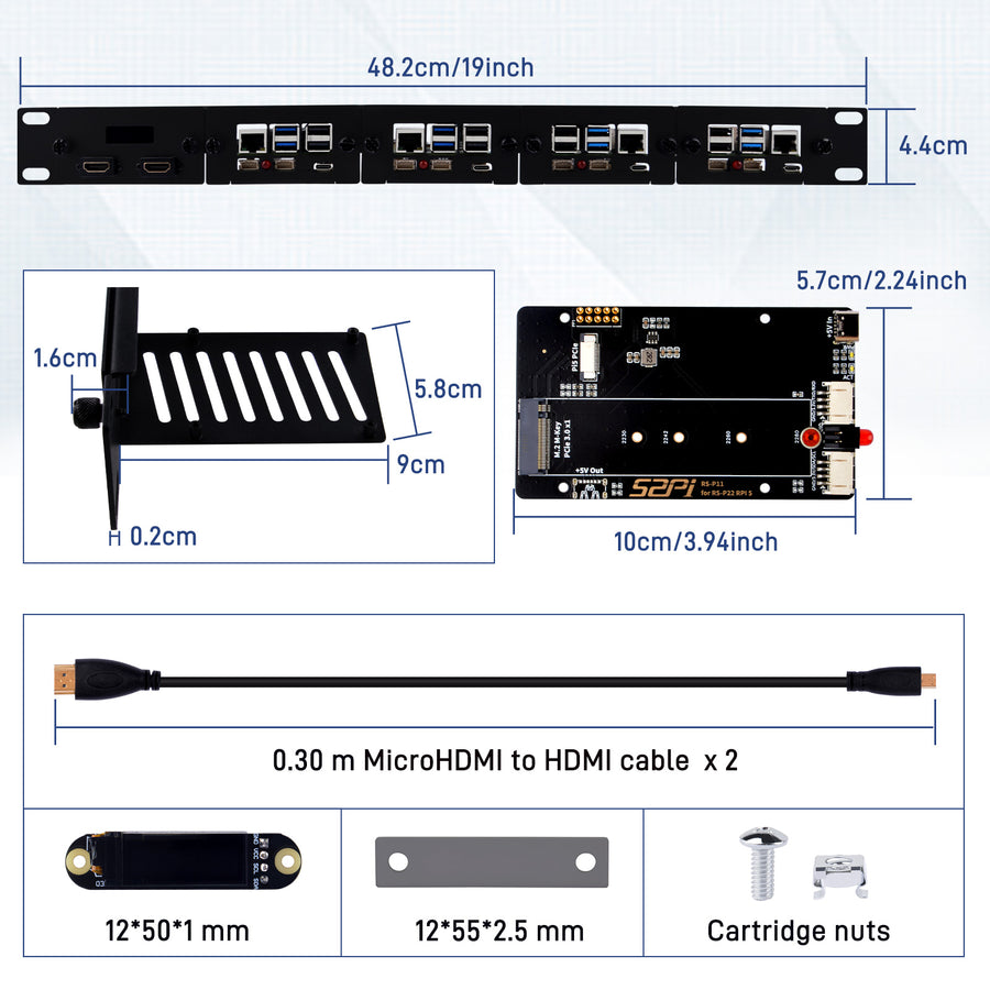 RS01 1U Rack Mount for Raspberry Pi5 with four RS-P11 Expansion
