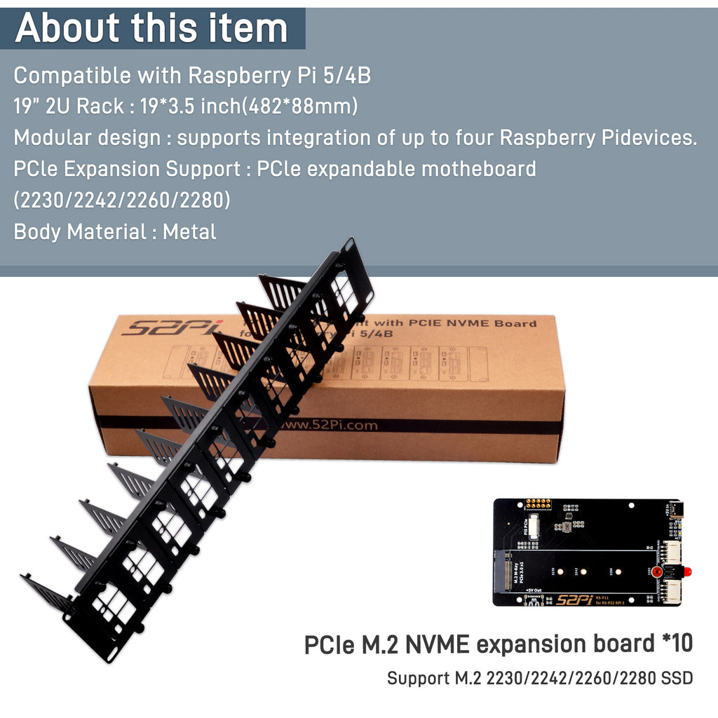 52Pi 19 Inch 2U Rack Mount for Raspberry Pi5/4B with 10 PCIE NVME Expa ...