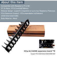 52Pi 19 Inch 2U Rack Mount for Raspberry Pi5/4B with 10 PCIE NVME Expansion Board Supports M.2 NVMe SSDs