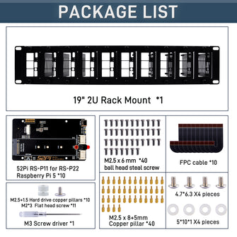 52Pi 19 Inch 2U Rack Mount for Raspberry Pi5/4B with 10 PCIE NVME Expansion Board Supports M.2 NVMe SSDs