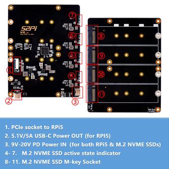 52Pi N16 Quad NVMe expansion board for Raspberry Pi 5, Support M.2 NVMe SSDs  2230/2242/2260/2280