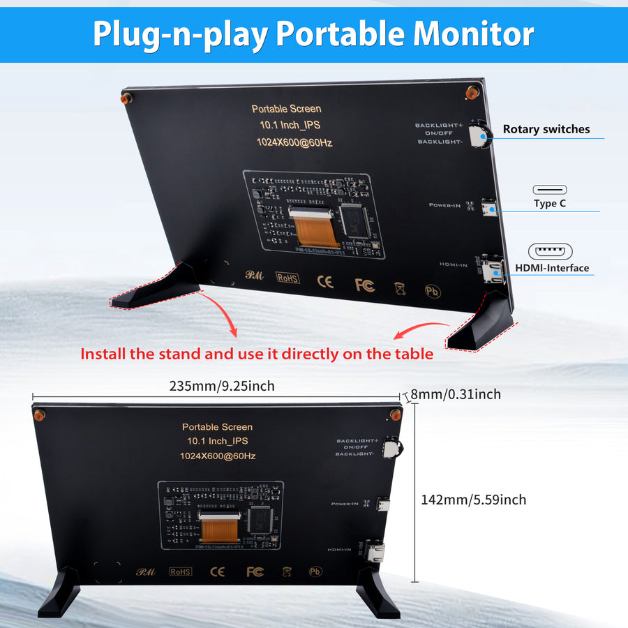 52Pi 10.1 Inch 1024*600 Capacitive IPS Display 60Hz portable