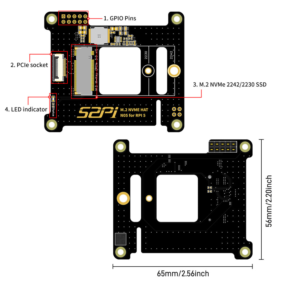 52Pi N05 M.2 NVMe to PCIe Adapter for Raspberry Pi 5, Support M.2