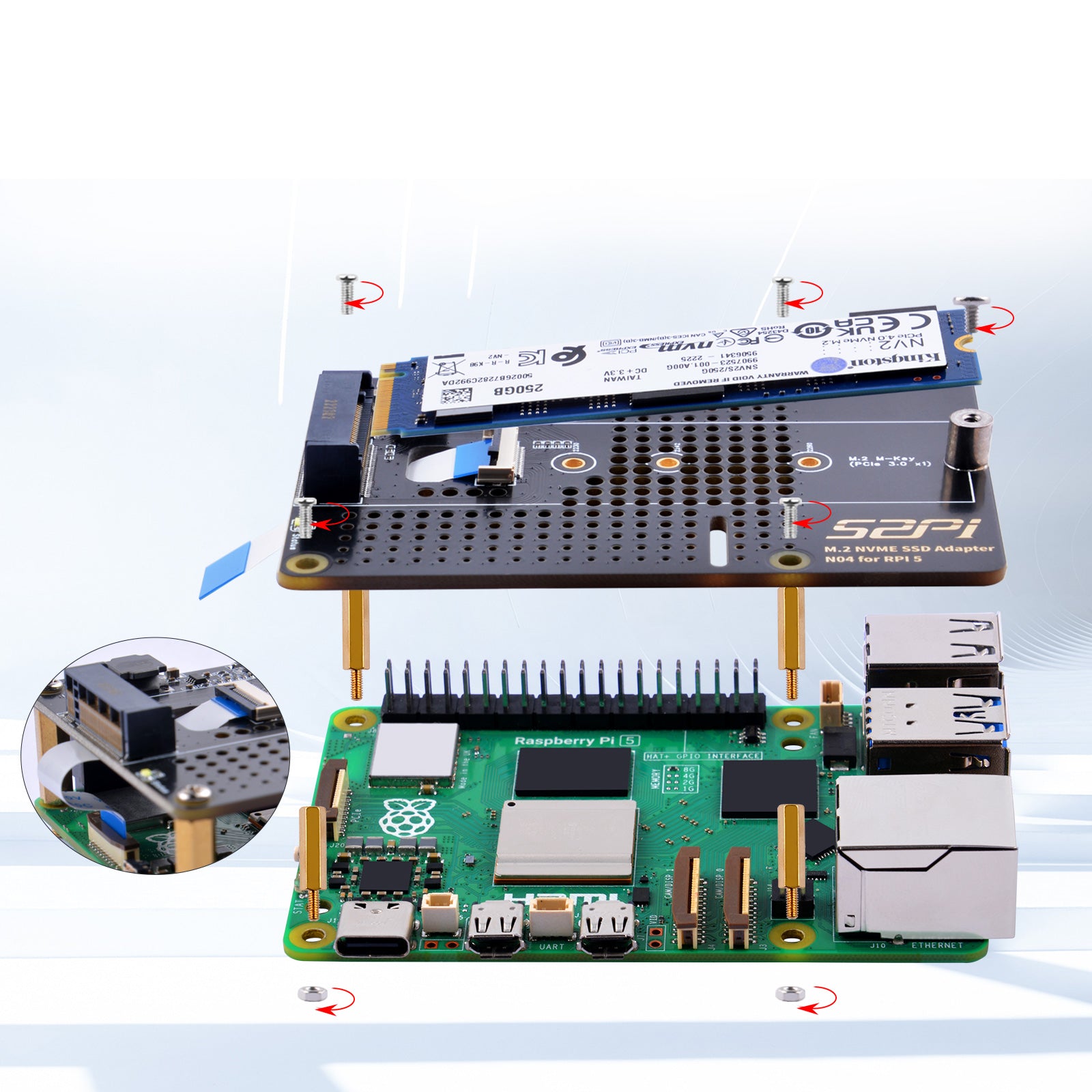 Nvme Raspberry Pi 3 52Pi N04 M.2 NVMe to PCIe Adapter for Raspberry Pi 5, Support M.2 NVMe ...