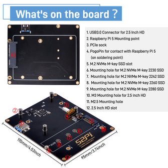 52Pi M.2 NVME +2.5 USB Adapter Bottom NUO8 for Raspberry Pi 5,Support M.2 NVMe SSDs 2230/2242/2260/2280