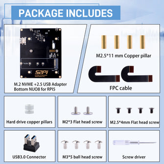 52Pi M.2 NVME +2.5 USB Adapter Bottom NUO8 for Raspberry Pi 5,Support M.2 NVMe SSDs 2230/2242/2260/2280