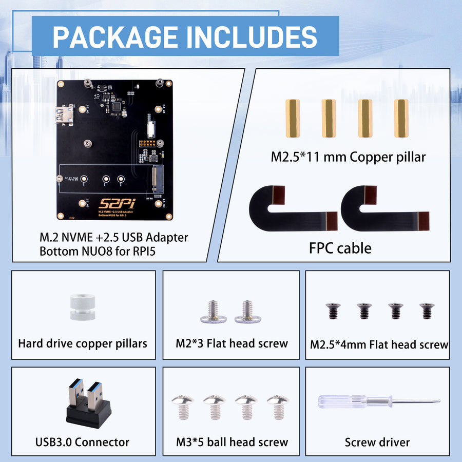 52Pi M.2 NVME +2.5 USB Adapter Bottom NUO8 for Raspberry Pi 5
