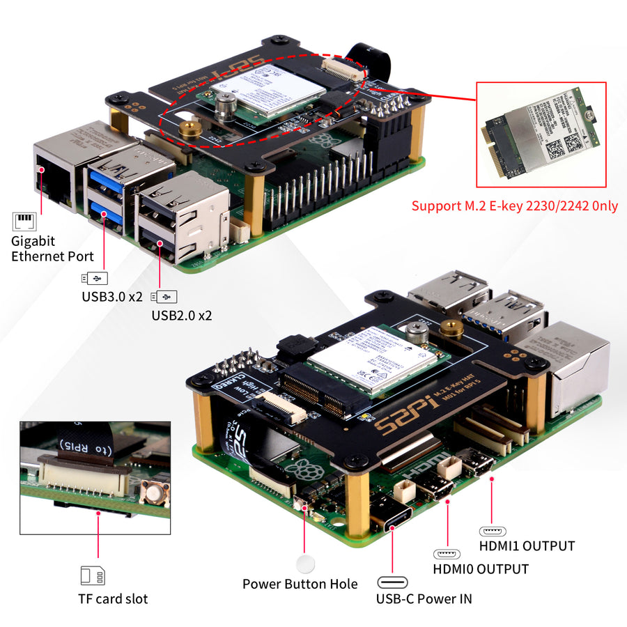 52Pi M01 PCIe M.2 E-Key NVMe SSD PCIe Peripheral Board for