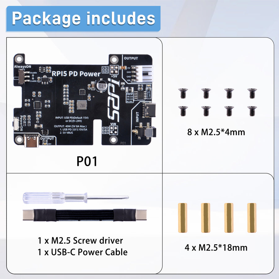 52Pi PD Power Expansion Board for Raspberry Pi 5 8GB 4GB, with
