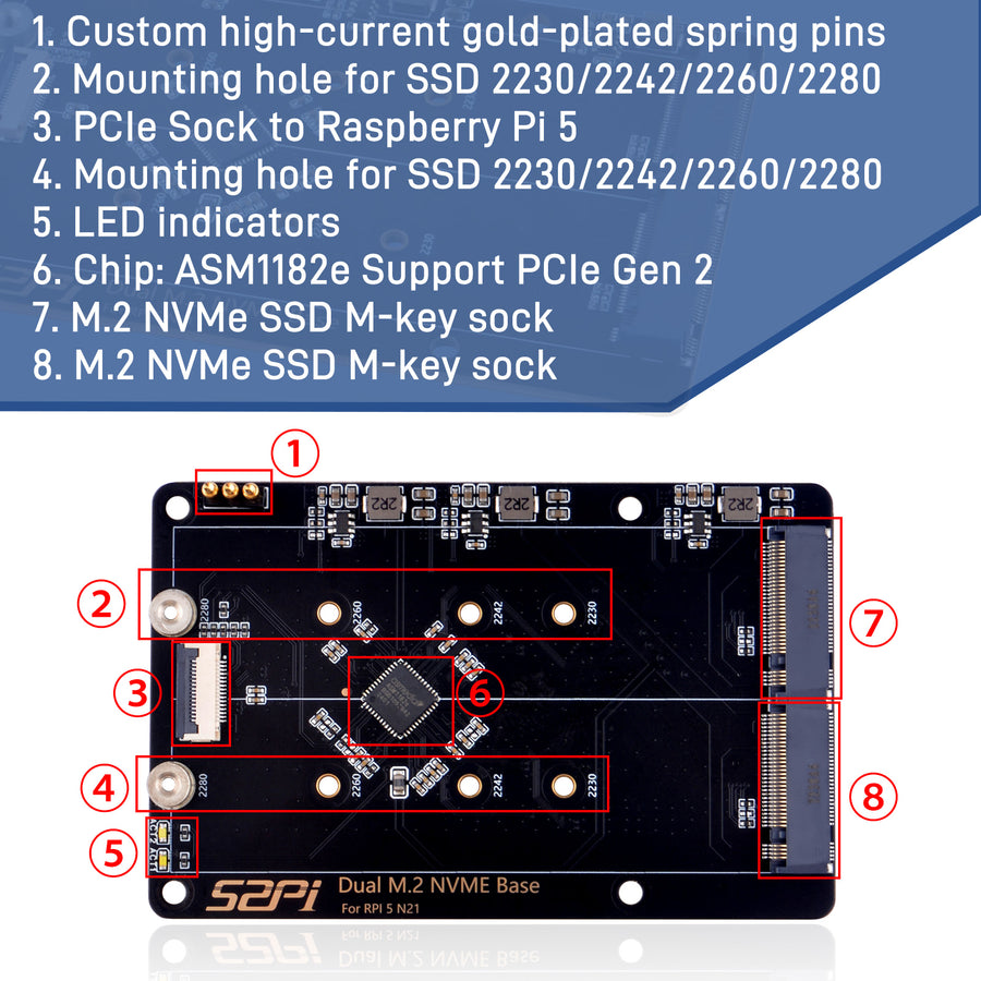 52Pi N21 Dual 2280 NVMe base for Raspberry Pi 5, Supprt two 2230