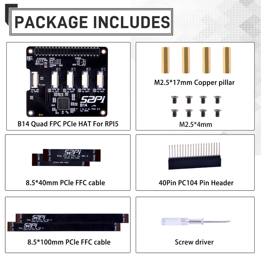 52Pi B14 Quad FPC PCIe HAT for Raspberry Pi 5, B14 HAT 1 to 4 PCIe