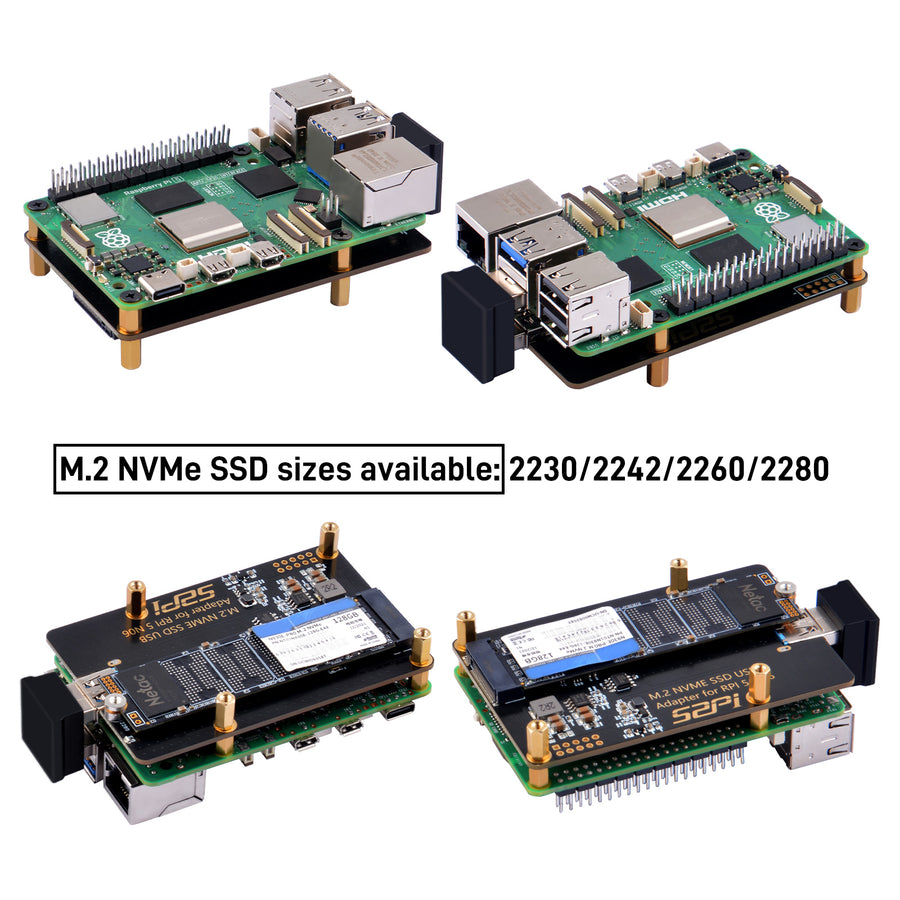PCIe To M.2 Adapter With PoE For Raspberry Pi 5 - NVMe SSD HAT+ Support 2230/2242/2260/2280 Drives