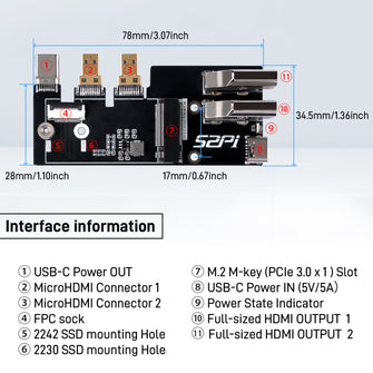 52Pi Micro HDMI to HDMI Multifunctional Adapter for Raspberry Pi 5, with PCIe 3.0x1 M.2 slot, Support M.2 NVMe SSD 2230 2242