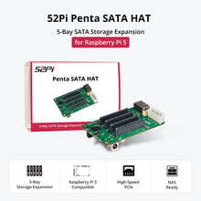 52Pi 5-Bay SATA Storage Expansion Board  for Raspberry Pi 5,  with 4 onboard SATA ports and 1 external eSATA port & 12V DC 5525 / 4-Pin Molex