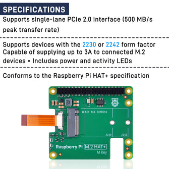 Raspberry Pi M.2 HAT+ for Raspberry Pi 5, Support M.2 SSD 2230/2242