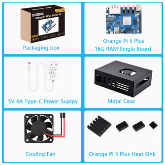 Orange Pi 5 Plus 16GB LPDDR4/4x Rockchip RK3588 8-Core 64-Bit Single Board Computer with eMMC Socket, OPi 5 Plus Metal Case, Official Orange Pi 5V 4A Power Supply, 40 mm Fan for Orange Pi 5
