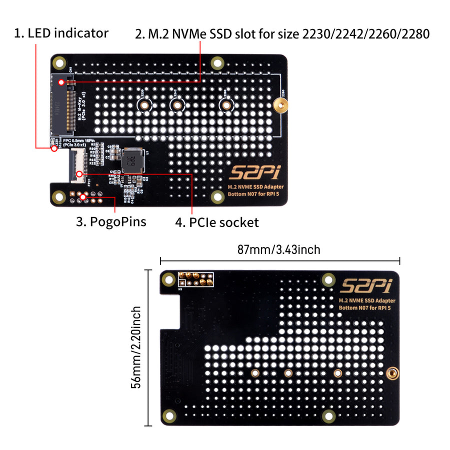 52Pi N07 M.2 2280 PCIe to NVMe SSD PCIe Peripheral Bottom