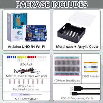 Metal Case for Arduino UNO R4, Student Starter Kit for Arduino R4 WiFi with LEDs, Jumper Wire, Breadboard and Resistor