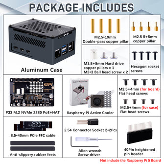 52Pi Aluminum Case for Raspberry Pi 5, With Official Active Cooler + P33 M.2 NVMe M-Key PoE+ HAT