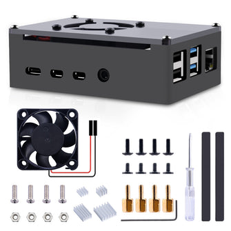 Raspberry Pi 4 Model B Aluminum Case Black Metal Enlosure Shell with Quiet Cooling Fan for RPI 4B