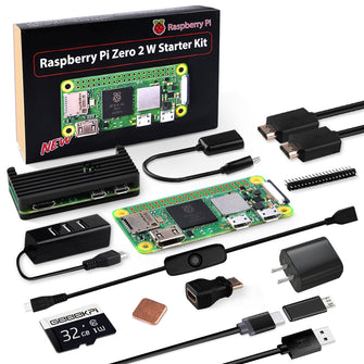 Raspberry Pi Zero 2 W Starter Kit, with RPi Zero 2 W Aluminum Case, 32GB Card Preloaded OS, QC3.0 Power Supply, 20Pin Header, Micro USB to OTG Adapter, HDMI Cable, Heatsink, Switch Cable
