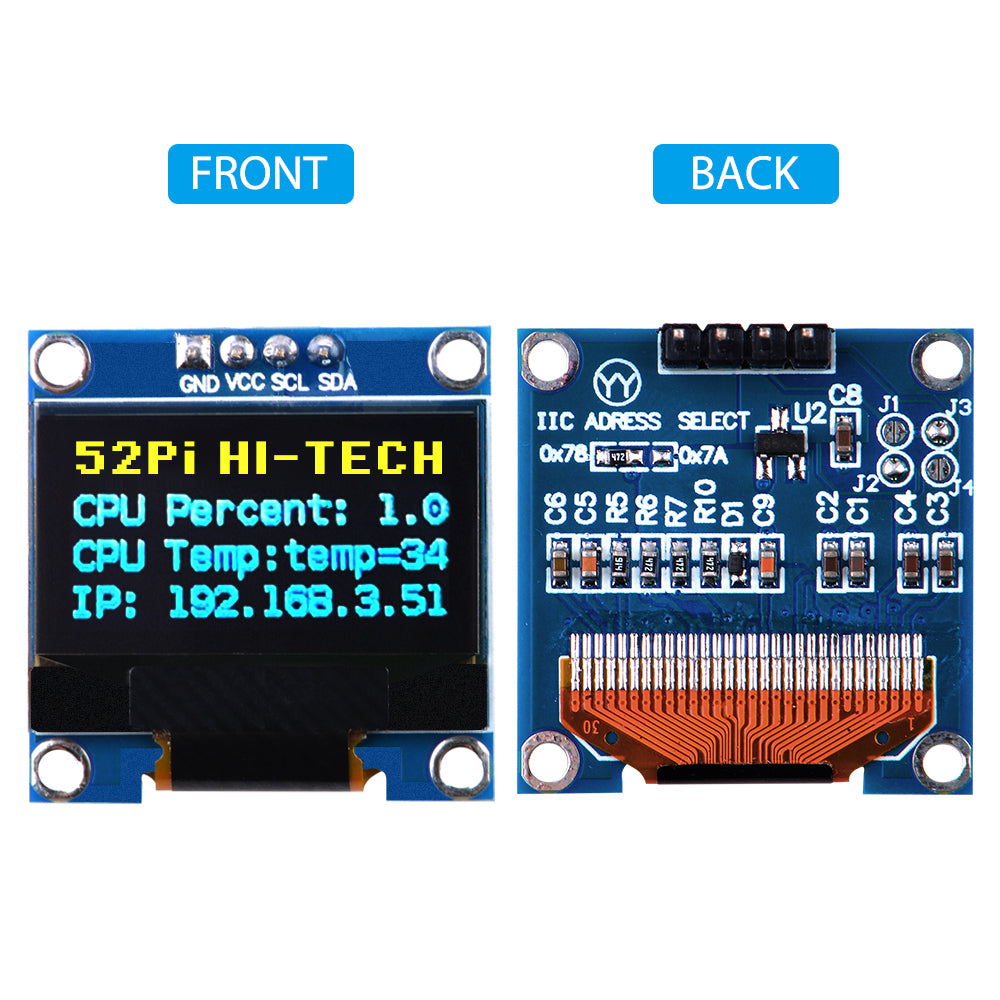Simple Small Two Color Screen 52Pi OLED Display Module I2C IIC 128X64 Pixel 0.96 Inch Display Module ...