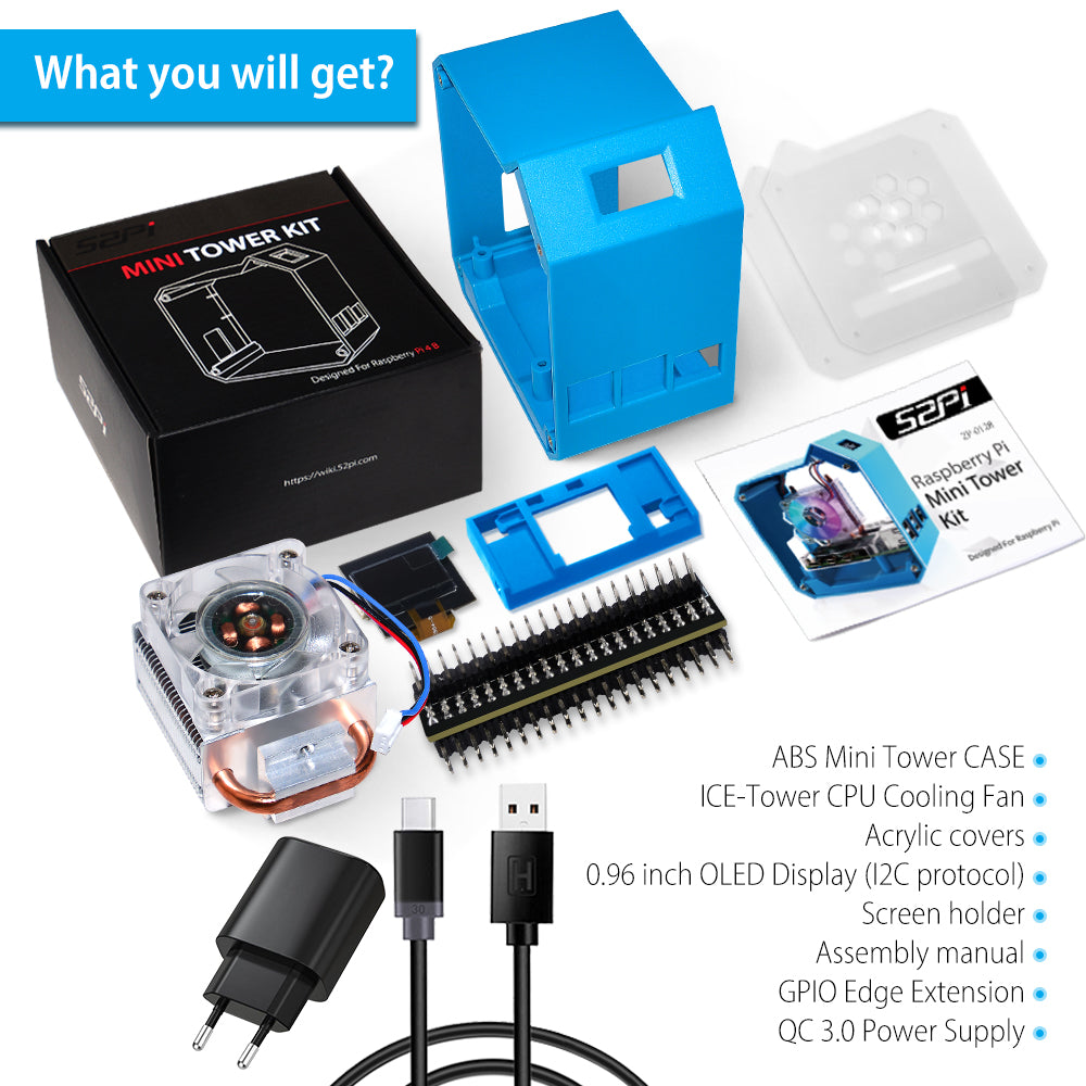 52Pi ABS Mini Tower RGB Cooling Fan With 0.96 OLED Screen Case Kit for Raspberry Pi